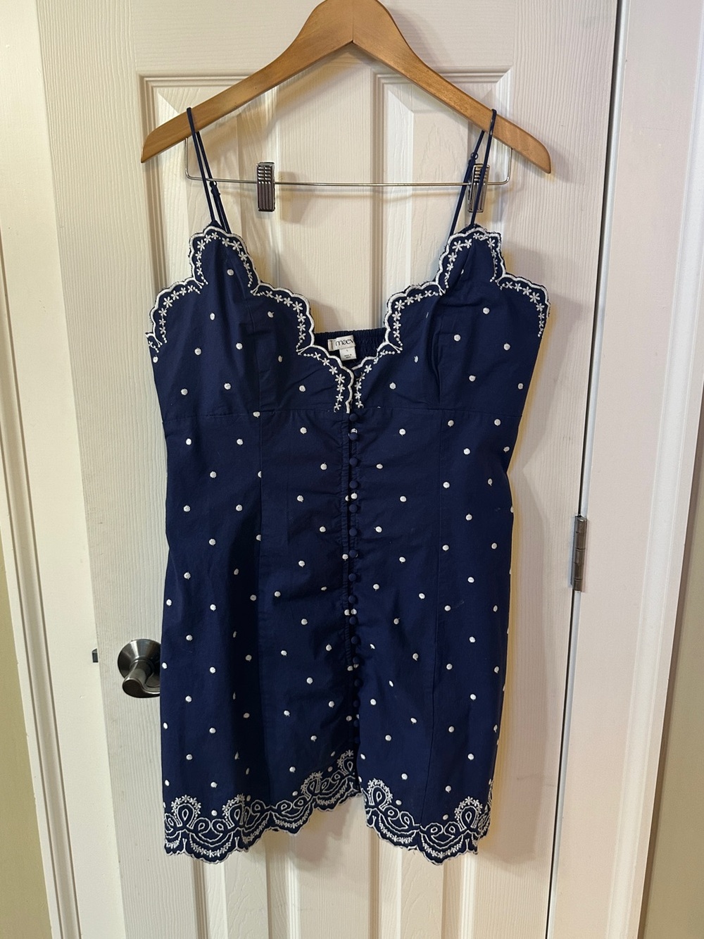 Maeve Navy Blue Polka Dot Midi Dress Eyelet Embroidery Scallop Coastal NWT